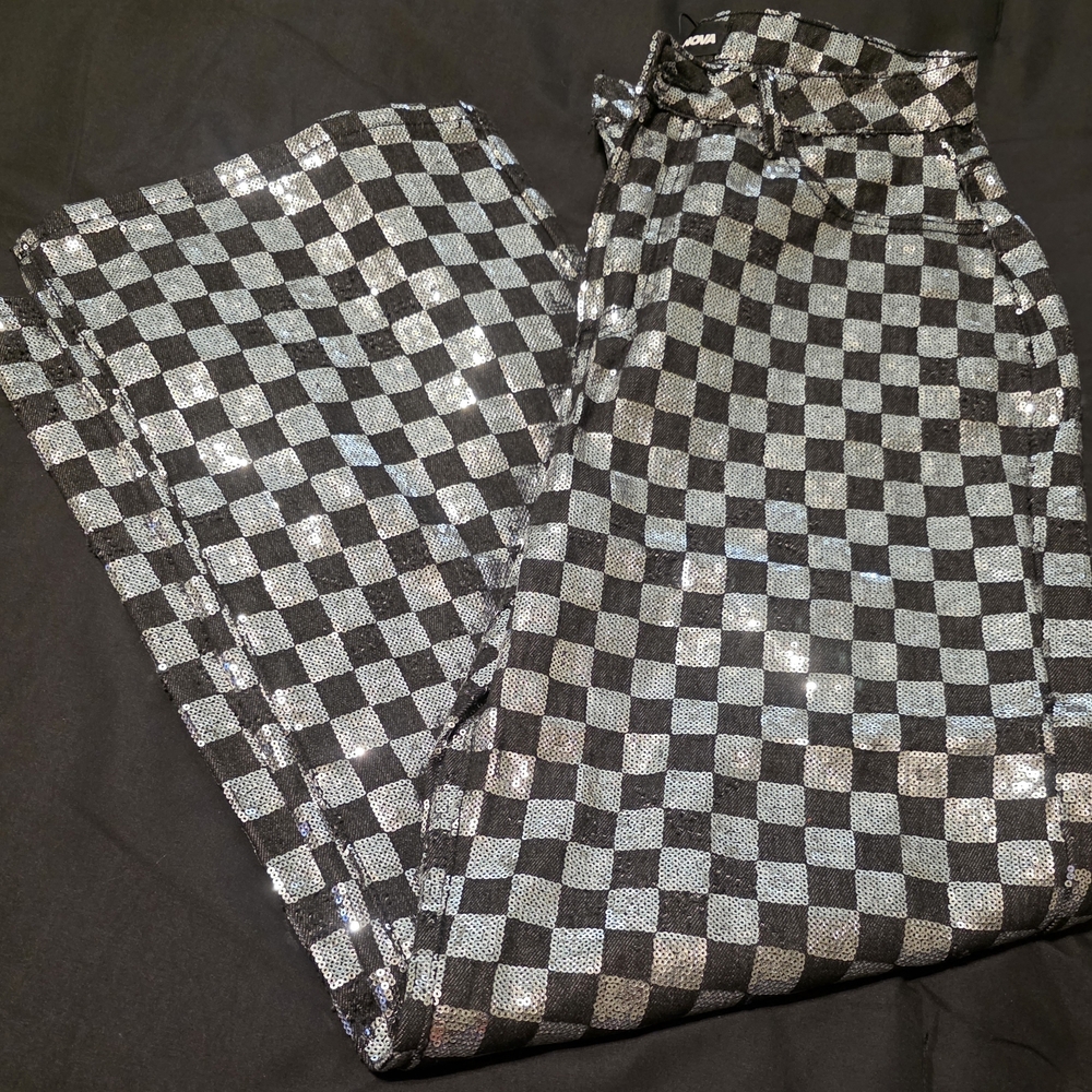 Fashion Nova Checkered Wide Leg Pants in Black and Silver